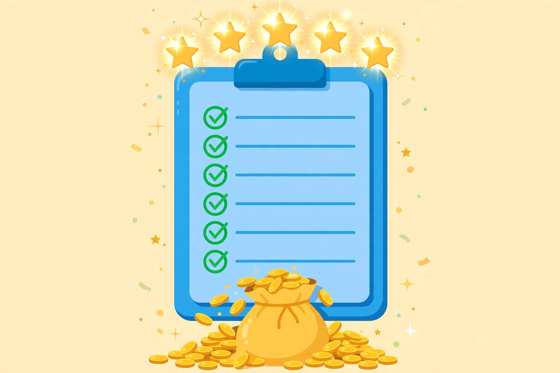Clipboard checklist with gold stars and money bag