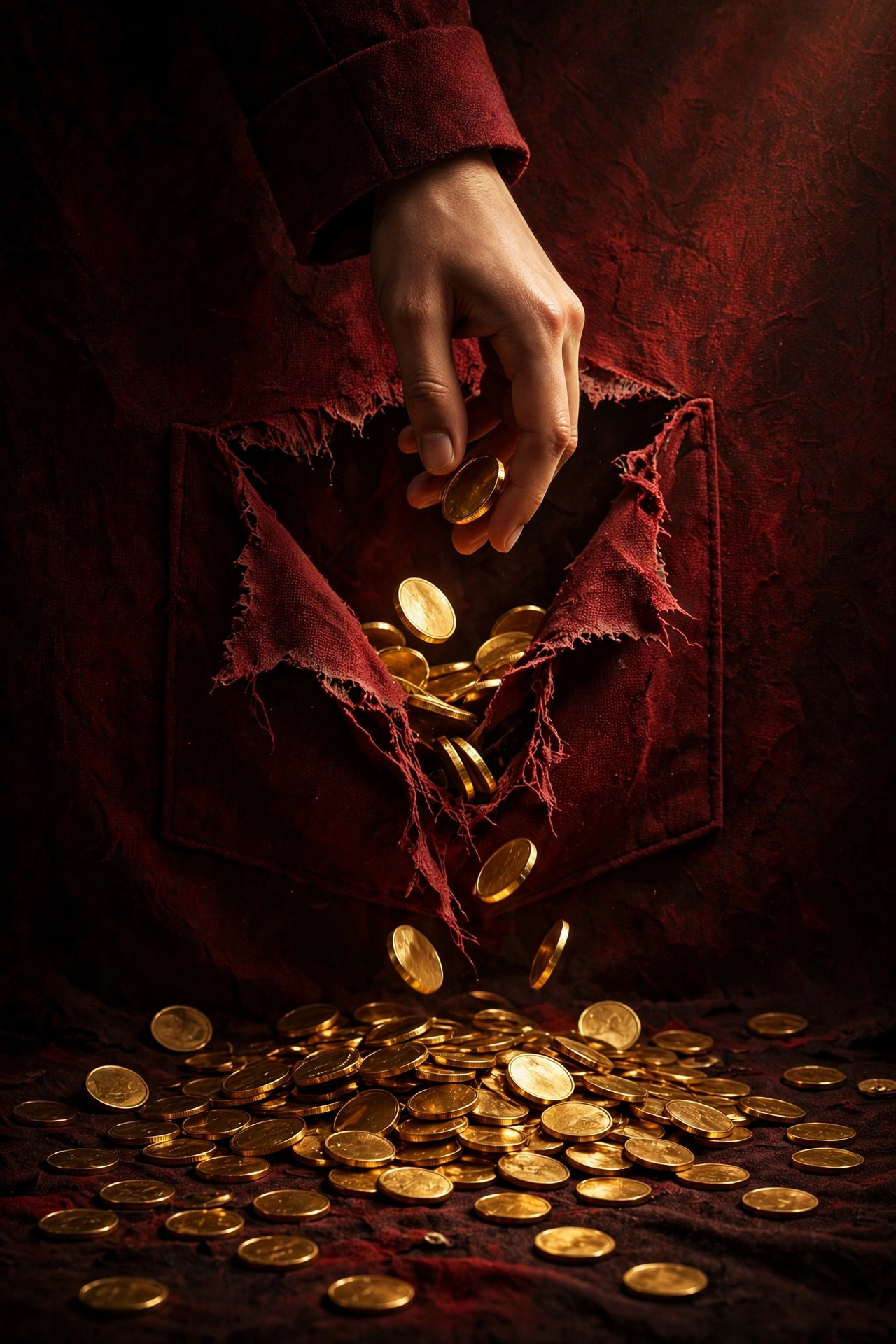Hand dropping gold coins through a torn pocket